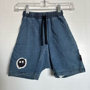Nununu Raw Denim Sweatshorts Unisex NEW Blue Harem Face Melt Patch